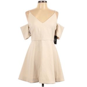 Lulus Cold Shoulder V Neck Mini Cream Skater Dress